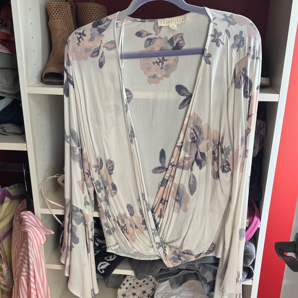 Love Stitch Floral Draped Blouse - Cream and Pink